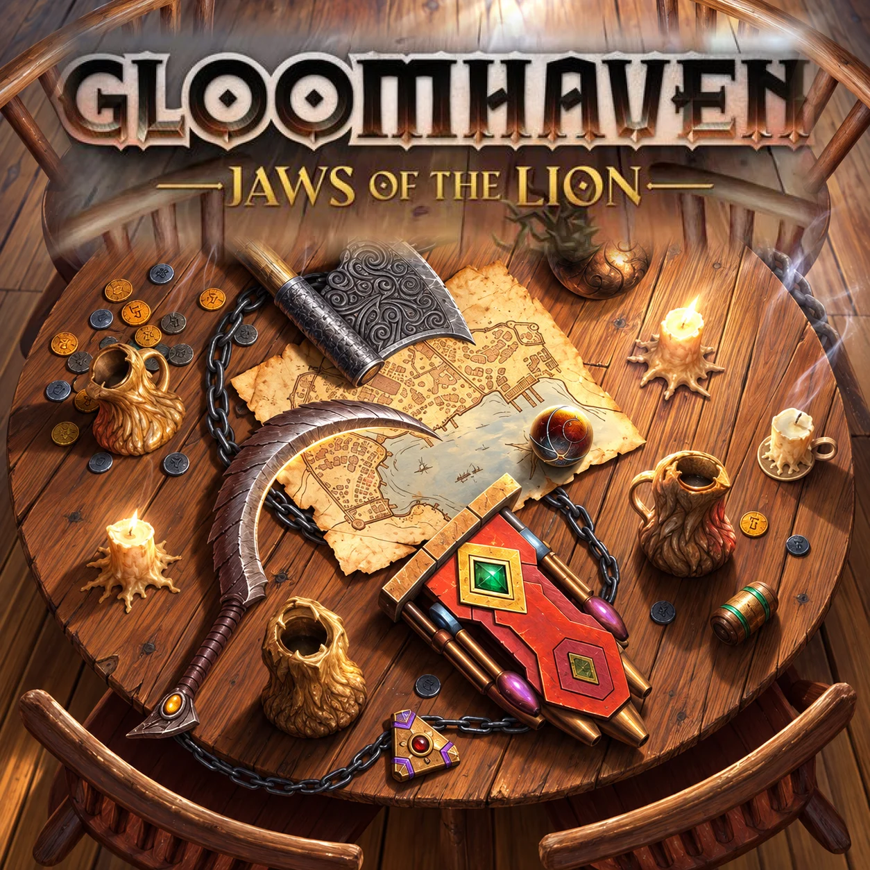 Gloomhaven: Jaws of the Lion 영문 원제 포함 게임 콘셉트 표지
